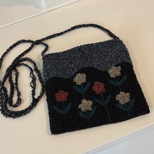 Vintage Beaded Floral Black and silver Shoulder Bag clutch purse magnetic clasp